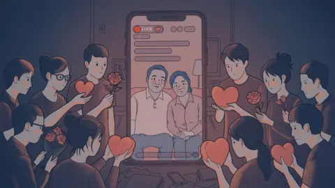 BBC / Andro Saini An illustration showing a pair of couple going live on their social media channel, who are surrounded by sad-looking young people handing their hearts and some flowers to the influencers