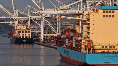 Getty Images Container ships are seen docked at a port.