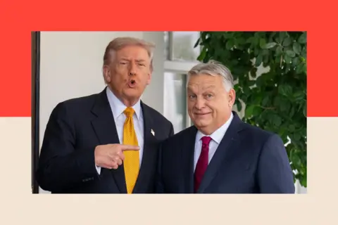 Getty Images Donald Trump wears a dark blue suit and a yellow tie as he points at Viktor Orban, who is smiling. Orban is wearing a dark blue suit and a red tie