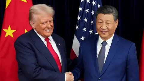 VGC via Getty Images US President Donald Trump exchanges a handshake with Chinese President Xi Jinping while posing for pictures in front of their countries' national flags