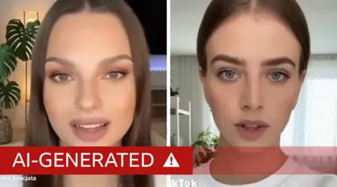 Social media A composite image of screengrabs from AI generated videos show two women looking at the camera while speaking while indoors, with the text 'AI-generated' overlain on top.