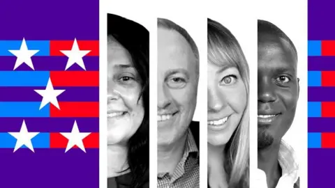 BBC A composite showing half of 4 faces, a woman, a man, a woman, and a man