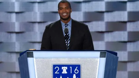 AFP via Getty Images Jason Collins speaks during Day 1 of the Democratic National Convention at the Wells Fargo Center in Philadelphia, Pennsylvania, July 25, 2016. 
