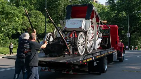 Getty Images A damaged horse carriage is pictured being removed from Central Park on a truck