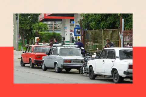 AFP via Getty Images Vehicles wait in line to refuel at a gas station in Havana
