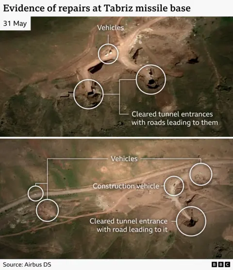 A satellite image shows evidence of ongoing repairs to Tabriz missile base. Excavated tunnels are annotated, along with construction vehicles and other machienry. 