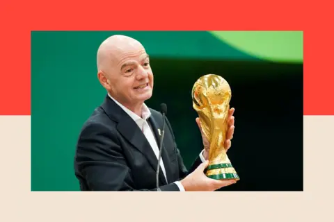 IMAGN IMAGES/Reuters Connect FIFA President Gianni Infantino holds the World Cup trophy while he speaks