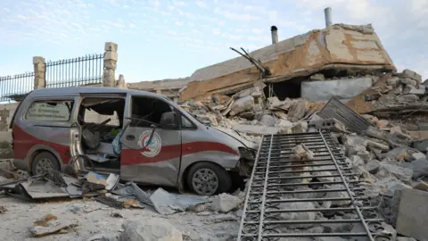 AFP Aftermath of a reported Russian air strike on Kafranbel Specialist Hospital in Kafranbel, Syria (5 May 2019)