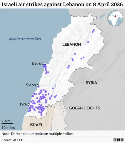 Map showing Israeli air strikes against Lebanon on 21 April 2026