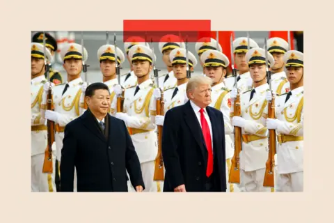 Getty Images Xi Jinping and Donald Trump walk past Chinese troops dressed in white and holding guns. Xi and Trump both wear dark suits.