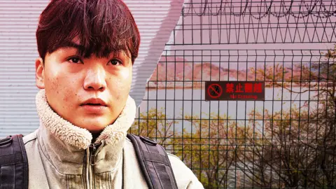 Handout/Getty Images A designed picture of Geumseong, a young North Korean refugee who fled to Seoul, against the backdrop of the China-North Korea border fence