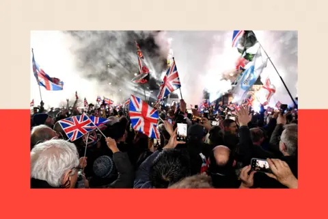Getty Images Pro Brexit supporters celebrates as the United Kingdom exits the EU during the Brexit Day Celebration Party hosted by Leave 