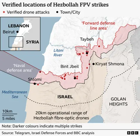 Map of southern Lebanon and north Israel, showing the locations of 35 confirmed FPV drone strikes inside the area of Lebanon occupied by Israeli forces. It also marks the 20km operational range of the drones inside Israel.