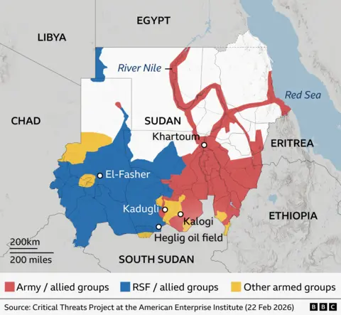 BBC / Critical Threats Project at AEI The map illustrates a divided Sudan, with the Sudanese Army controlling much of the east and north, and the Rapid Support Forces (RSF) controlling much of the west.