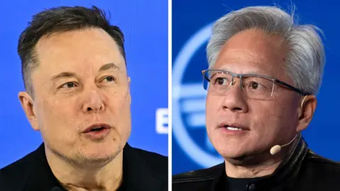 AFP/Reuters On the left of a split picture Elon Musk wears a black tshirt and speaks in front of a blue background, on the right, Jensen Huang also wears a black tshirt and speaks in front of a blue background.
