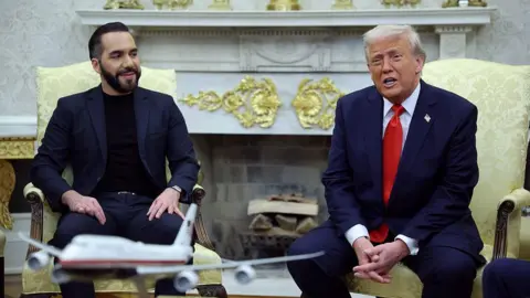 Getty Images President Donald Trump meets with President Nayib Bukele of El Salvador in the Oval Office, both wear dark blue suits and appear to be smiling