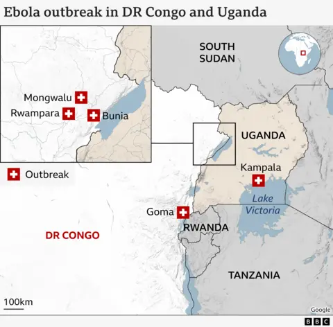 A map of DR Congo, showing Bunia, Mongwalu, Rwampara and Goma, along with neighbouring countries Rwanda, Uganda, South Sudan and Tanzania