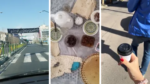 Composite image showing an almost empty road in Tehran (L), a meal is laid out on a plastic tablecloth at a home in Iran (C), and a woman holding a coffee cup (R)