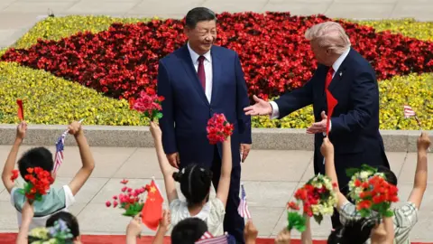 EPA Children wave flags and flowers and lift their arms in the air in front of Xi and Trump, who are standing on a red carpet with Trump gesticulating towards the children
