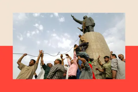 Gamma - Rapho via Getty Images People topple a statue of Saddam Hussein In Baghdad, Iraq