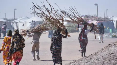 Anadolu via Getty Images Women carrying firewood at Al Afad camp which hosts displaced people from the Darfur and Kurdufan regions