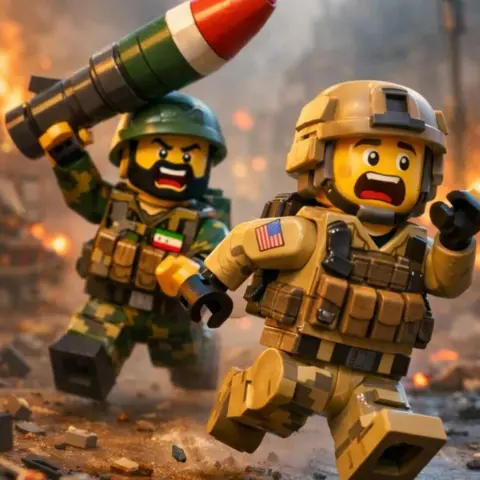 Explosive Media A screenshot from an AI-generated pro-Iran propaganda video showing an Iranian soldier chasing a US soldier