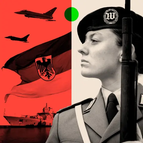 BBC On the right is a member of the German military, on the left is the German flag and the frigate F 222 Baden Württemberg of the German Navy