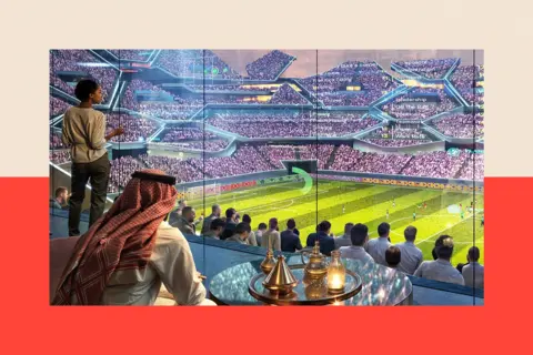 NEOM A computer-generated image showing a man in traditional Saudi dress and a woman in Western clothing overlooking a large football stadium
