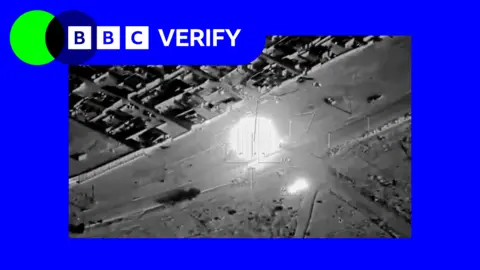 BBC Footage of an airstrike against rebel vehicles in Mali. It is imposed over the BBC Verify colours and branding. 