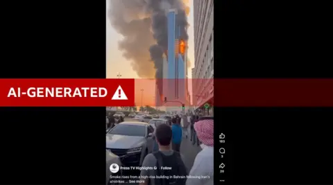 The screenshot of a video, which was AI-generated, shows a high-rise burning with plumes of smoke coming out of it. A crowd of people looks towards the building