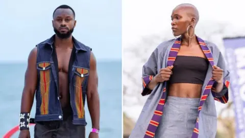 Ekikumba Fusion A composite image of two fashion models - on the left a man in a waistcoat and a bracelet decorated in shell and a woman on the right in a tailored grey skirt and jacket with purple material trim.