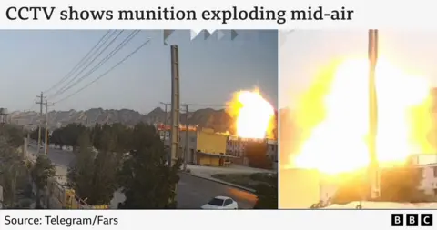 An image showing CCTV footage of the munition exploding mid-air.