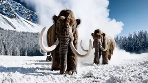 OpenAI Two woolly mammoths walking towards the camera in a snow-covered landscape 