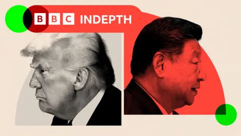 BBC Donald Trump's head in profile on the left and Xi Jinping's head in profile on the right. They are both wearing shirts and suit jackets. Xi's head is overlaid with a red design element. 