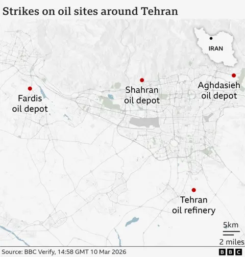 A graphic showing the locations of the four oil facilities hit by strikes. Fardis oil depot, Shahran oil depot and Aghdasieh in the north and Tehran oil refinery in the south.