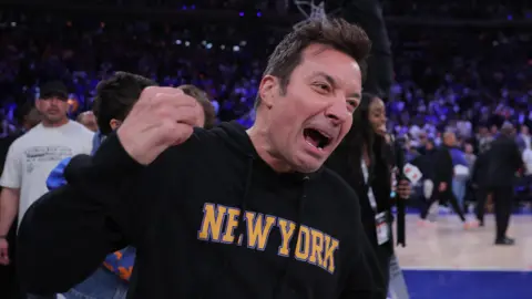 Reuters Jimmy Fallon reacts after the New York Knicks defeated the San Antonio Spurs in game four of the 2026 NBA Finals