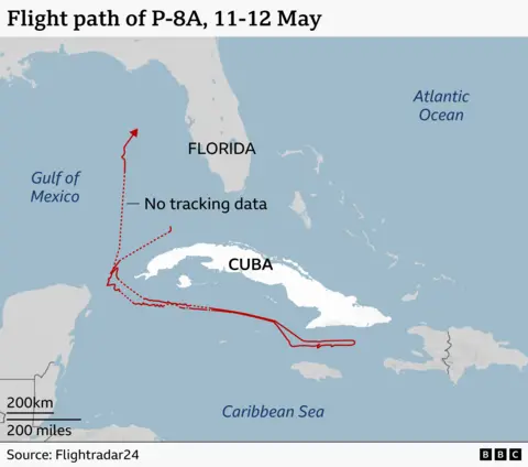 A map of Cuba, Florida and surrounding areas, a flight path of a P-8A Poseidon on 11-12 May. The aircraft flies eastwards in a flight path to the south of Cuba along its entire length, loops around on itself and flies back. The tracking signal cuts out to the west of Cuba and then returns directly to the north to the west of Florida.