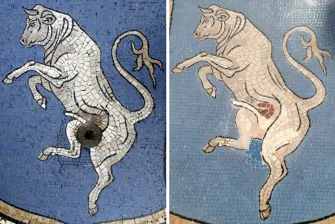 AFP via Getty Images / Instagram / Marco Granelli A composite image of the prancing bull mosaic in the Galleria Vittorio Emanuele II arcade in Milan. The left image shows the mosaic before its restoration in May 2026, with a hole in its genital area. The right image shows the restored mosaic with light pink stones placed in the area where the hole was.