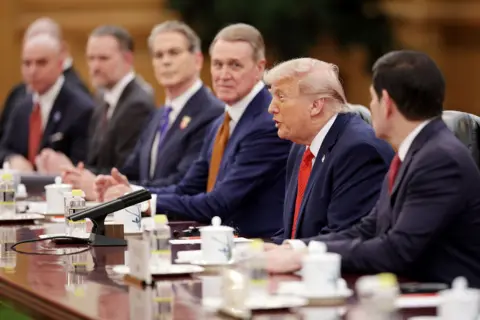Getty Images U.S. President Donald Trump speaks during a bilateral meeting with Chinese President Xi Jinping at the Great Hall of the People on May 14, 2026 in Beijing, China