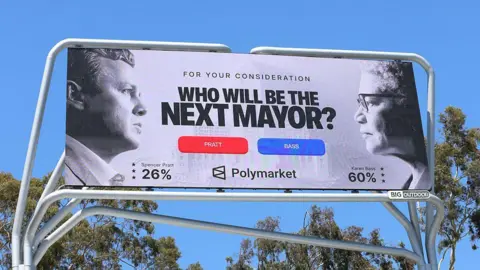 Getty Images A Polymarket billboard in Los Angeles in May 2026 asks the question: "For your consideration: Who will be the next mayor?" It shows Spencer Pratt on 26% and Karen Bass on 60%
