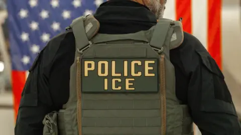 EPA/Shutterstock A US Immigration and Customs Enforcement is pictured from behind, wearing a flak jacket that says