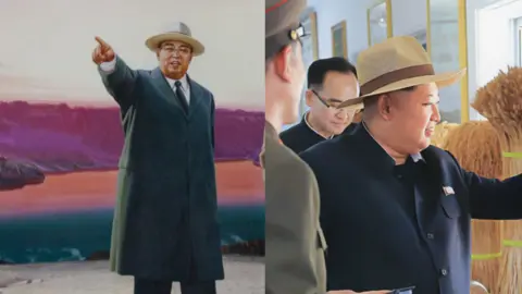 Getty Images A composite image shows a portrait of President Kim Il Sung pointing the way ahead, in a light fedora, white shirt, dark suit, tie and overcoat, next to a photograph of Kim Jong Un, in a matching outfit, visiting Farm No 1116, in North Korea, with two besuited and uniformed dignitaries.