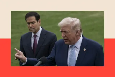 Anadolu via Getty Images Donald Trump (R) speaks to the press. Marco Rubio (L) is seen in the background