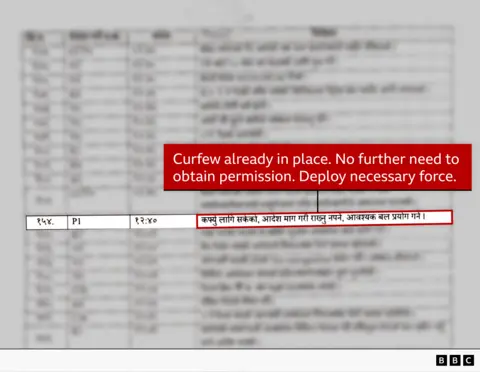 A blurred photo of a document with four columns and many rows; all the entries are written in Nepalese. One row is highlighted, with an English translation provided: "Curfew already in place. No further need to obtain permission. Deploy necessary force."