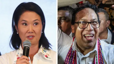 EPA/Reuters Composite image of Keiko Fujimori holding a microphone and Roberto Sánchez wearing glasses smiling in a crowd
