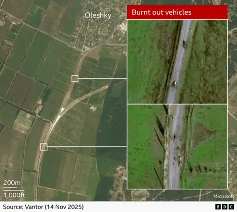 Satellite footage of the road that is dubbed "the road of death" from Oleshky village