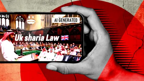 BBC A composite graphic shows a hand holding a phone with an AI-generated image of a man in traditional Islamic clothing, including a red-and-white headdress, addressing the UK Parliament, with several others in similar clothing sitting on the green benches. The video has a caption saying 