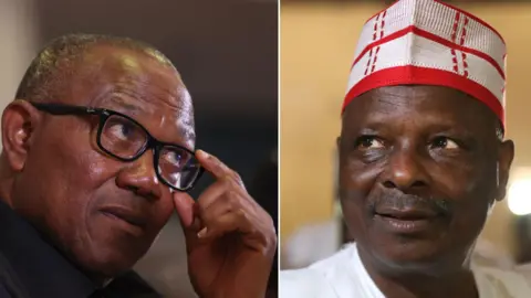 AFP via Getty Images A composite photo of Peter Obi on the left. He is looking up through his glasses. On the right is Rabiu Kwankwaso, who has a slight moustache and is wearing a traditional red and white cap.