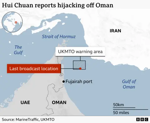 A map showing Hui Chuan's last broadcast location and the UKMTO warning area
