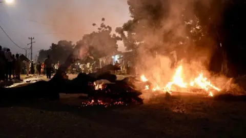 Michel Mvondo/BBC A large blaze near a tree that has fallen. 